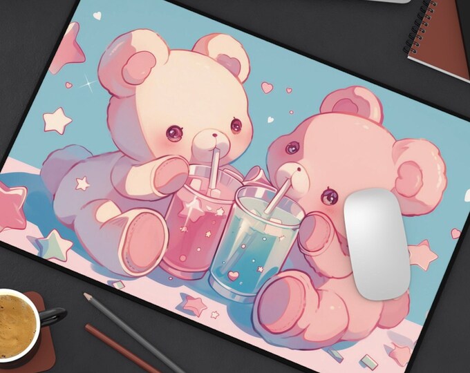 Lofi Bears Desk Mat - Teddy Bear Date, Kawaii Gaming Mouse Pad, Pastel ...
