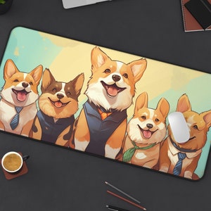 May include: A colorful mousepad featuring five cartoon corgis wearing bowties and collars. The corgis are on a light blue and yellow background with a white border.