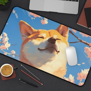 Happy Shiba Desk Mat, Sakura in Full Bloom, Large Mouse Pad, Aesthetic Mousepad, Deskmat, Cute Desk Pad, Big, Deskpad