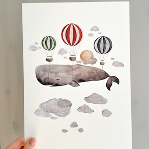 Ballena con globos aerostáticos impresión de arte/póster/impresión de arte A4/póster de la habitación de los niños niño/cartel de criaturas marinas ballena/póster de globo aerostático/póster del océano