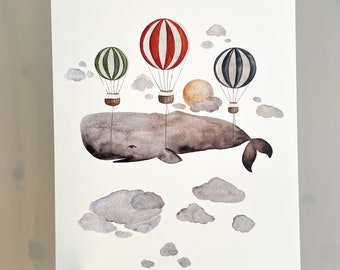 Whale with hot air balloons art print/poster/art print A4/children's room poster boy/sea creatures poster whale/hot air balloon poster/ocean poster