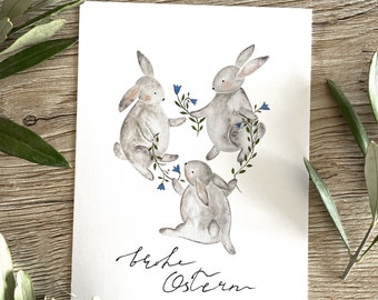 Biglietto di Pasqua con coniglietti | Biglietto di Pasqua acquerello | Buona Pasqua | Biglietto di auguri di Pasqua