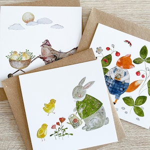 Conjunto de cartões de Páscoa/conjunto de cartões postais “Primavera”/cartão postal sazonal/cartões quadrados/cartão de felicitações em aquarela/cartão de primavera/presentes de Páscoa