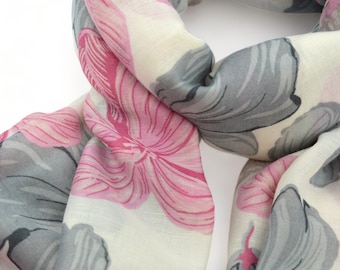 Pink and Grey Floral Print Ladies Fashion Long Scarves Neck Scarf Shawl Wrap