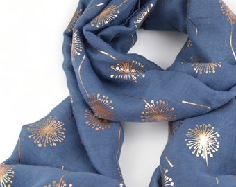 Woman's Denim Blue Scarf With Dandelion Metallic Foil Scarves Wrap Shawl Perfect Gift
