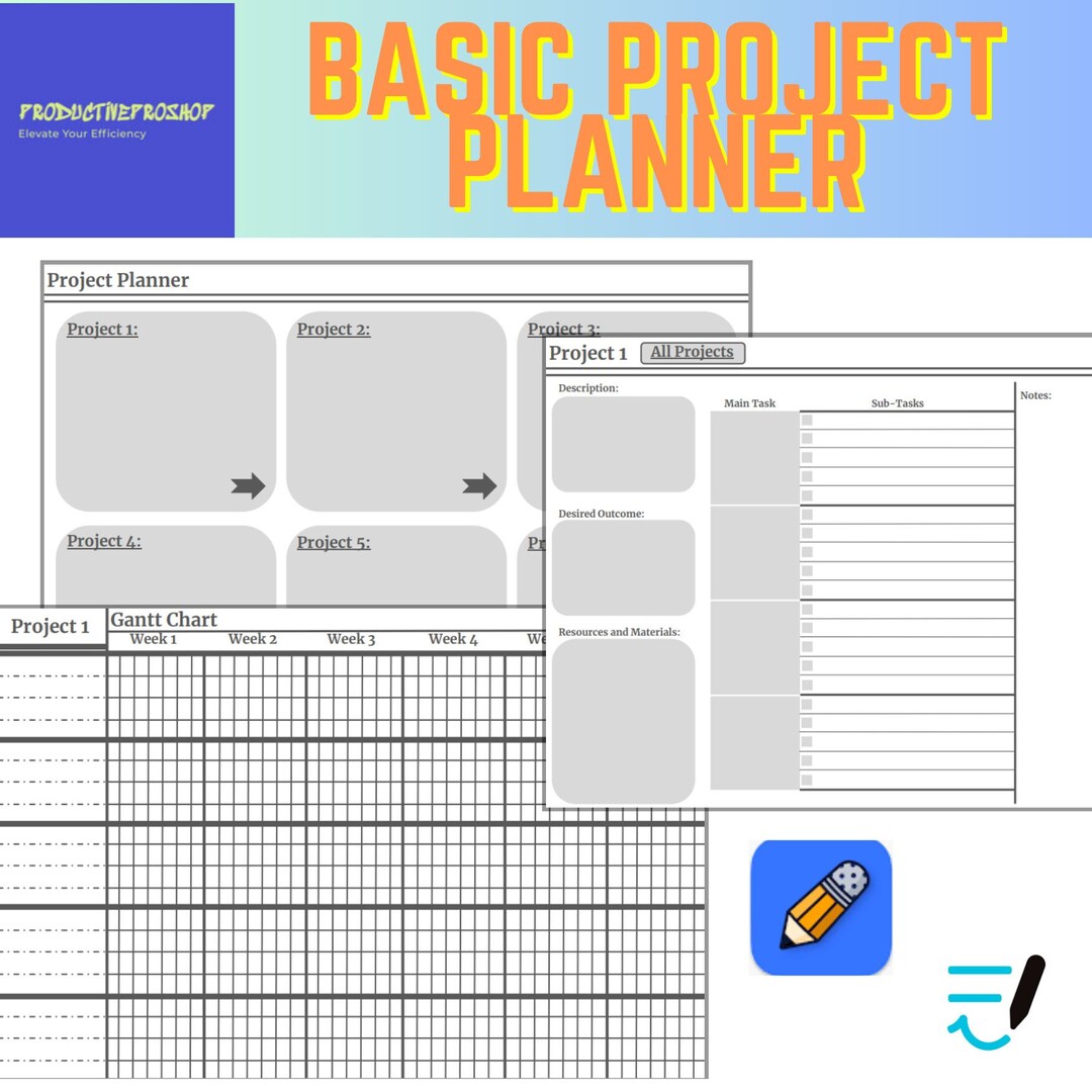 Digital Basic Project Planner for Notability and Goodnotes, Hyperlinks ...