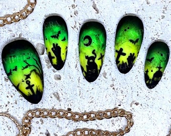 Uñas postizas neón que brillan en la oscuridad con diseño de cementerio / Diseño espeluznante de Halloween