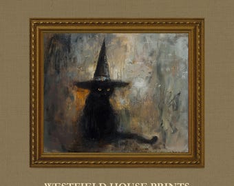 Vintage Black Cat Witch Art Print: Gothic Halloween Decor (Digital Download)