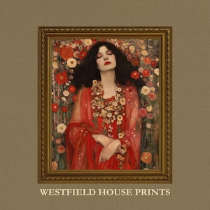 The Red Muse Art Print: Pre-Raphaelite Portrait, Maximalist Decor (Digital Download)