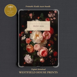 Kindle-invoegbundel afdrukbaar, Peony Alba bloemdessin, invoeg- en leeslogboek, Afdrukbare bladwijzers, Digitale download
