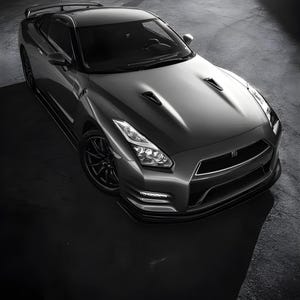 May include: A sleek, gray sports car with a low profile and aerodynamic design. The car features black wheels, a rear spoiler, and bright headlights. The vehicle is parked on a dark, reflective surface.