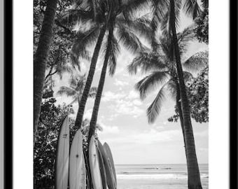 Surfboard Beach Photography Print Digital Download, Black and White Surf Wall Art Printable, Coastal Ocean Decor Poster