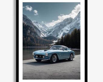 May include: Framed print of a light blue classic sports car by a lake, with snow-covered mountains in the background. The car's design is sleek, set against a scenic landscape with a blue sky and some clouds.