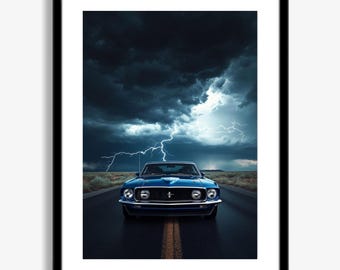 Descarga digital del Ford Mustang Mach 1 del 69, arte de muscle car, decoración de cielo tormentoso, regalo de Mustang azul, arte mural de coches americanos, escena automotriz retro