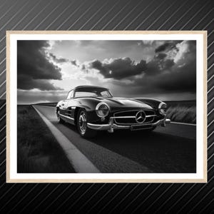 Mercedes Benz 300 Digital Vintage Car Art Black and White Classic Auto Photo Retro Wall Print Luxury European Car Decor Gift for Enthusiasts