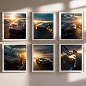 Bugatti Divo väggkonst set med 6 digitala nedladdningar, hyperbilaffischpaket, solnedgångssuperbilstryck, lyxbildekorkollektion