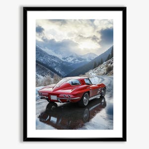 Red Corvette Stingray Digital Download Poster, 1963 Split Window Vette Wall Art, Classic Muscle Car Print, Retro Garage Gift for Him