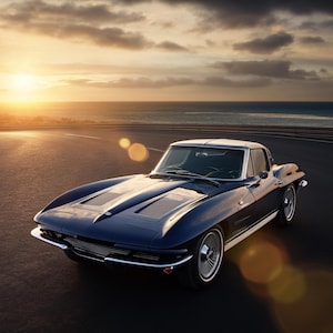 May include: A dark blue vintage sports car with a long bonnet, chrome bumpers, and wire-spoke wheels. The vehicle features a sleek, aerodynamic body design with a low profile, a split front grille, and a hardtop roof, positioned on a paved road.