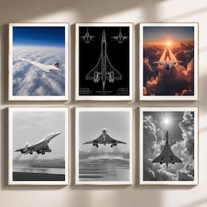 以下が含まれることがあります： コンコルド航空機を描いた6枚の額入りウォールアートセット。飛行中や離陸中のカラーおよびモノクロ写真、黒い背景に描かれた技術的な設計図の図面が含まれています。