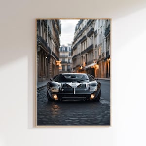 Ford GT40 Digital Download Wall Art Print, Classic Car Poster, Black Sports Car in Paris Street, Retro Racing Decor, Garage Art Gift for Him