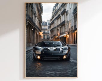 Impresión digital de arte mural Ford GT40, póster de coche clásico, deportivo negro en una calle parisina, decoración de carreras retro, regalo de arte de garaje para él.
