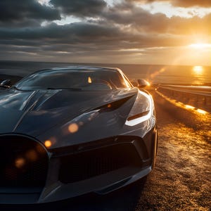 Op de afbeelding: Een strakke, donkerblauwe sportwagen met een carbon fiber afwerking staat op een natte weg. De koplampen van de auto zijn ingeschakeld en reflecteren het gouden licht van de ondergaande zon boven de oceaan. De lucht is gevuld met dramatische wolken.