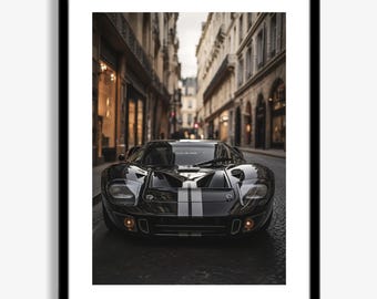 Póster del Ford GT40, impresión artística de coche clásico, escena urbana retro, decoración de coche negro, descarga digital, regalo de arte mural de automóviles vintage