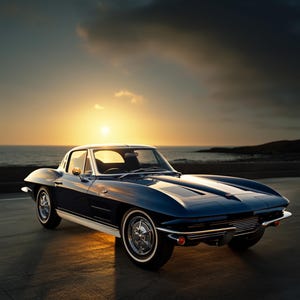 May include: A dark blue vintage sports car with a sleek, aerodynamic body, chrome bumpers, and wire-spoke wheels. The vehicle features a low-profile design, a long hood, and a curved roofline, positioned against a sunset over the ocean horizon.