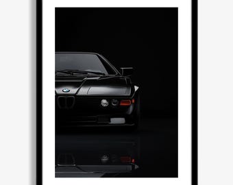Póster BMW M1 monocromo, arte mural de superdeportivo BMW clásico vintage, impresión en blanco y negro, decoración automotriz, descarga digital.