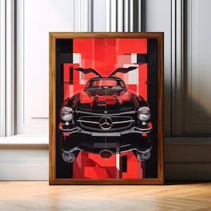 Descarga digital del Mercedes 300SL Gullwing / Arte abstracto de pared, póster de coche clásico, impresión de carreras modernas en rojo, ilustraciones de autos de lujo
