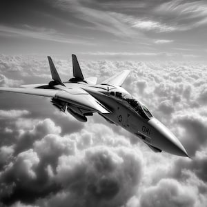 May include: A monochrome image of a fighter jet in flight above a sea of clouds. The jet is angled, showcasing its wings and tail. The sky is filled with clouds, creating a sense of depth. The jet has the number "041" on its side.