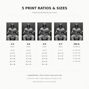 May include: A digital download guide titled 5 PRINT RATIOS & SIZES featuring five identical black and white images of a person in a racing suit and helmet reading a newspaper on a toilet. It lists dimensions in inches for 2:3, 3:4, 4:5, 5:7 ratios and ISO A sizes in millimetres.