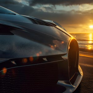 Op de afbeelding: Close-up van de voorkant van een luxe sportwagen, met een motorkap van koolstofvezel en een strak, donker ontwerp. De koplampen van de auto zijn verlicht en reflecteren het gouden licht van een zonsondergang boven de oceaan. De afbeelding legt de aerodynamische lijnen en moderne esthetiek van de auto vast.