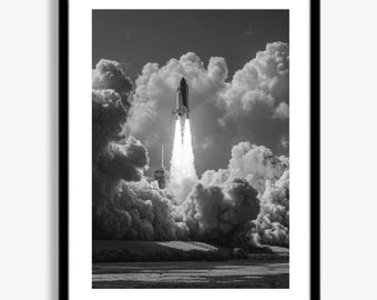 Print lancering ruimteshuttle, NASA-raket, zwart-witfoto (digitale download)