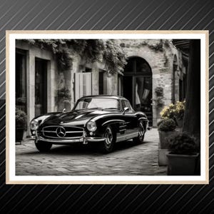 Mercedes 300SL Digital Poster Classic Car Art Vintage Auto Print Retro Car Photography Black White Wall Art Luxury Car Decor Garage Art