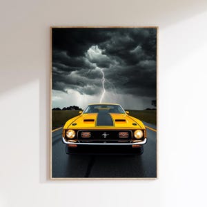 Ford Mustang Poster, Vintage Muscle Car Wall Art, Digital Download, Lightning Storm Print, Classic Car Decor for Garage, Man Cave Gift