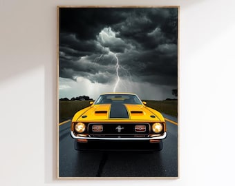 Póster de Ford Mustang, arte mural de muscle car vintage, descarga digital, impresión de tormenta eléctrica, decoración de coche clásico para garaje, regalo para el hogar.