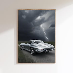 Silver Corvette Stingray Digital Download Poster, 1963 Split Window Vette Wall Art, Classic Muscle Car Print, Storm Lightning Scene