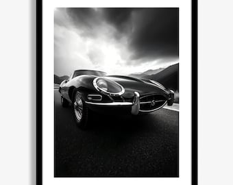 Póster del Jaguar E-Type negro, arte mural de coche clásico británico, lámina de coche deportivo de lujo, decoración automotriz, descarga digital.