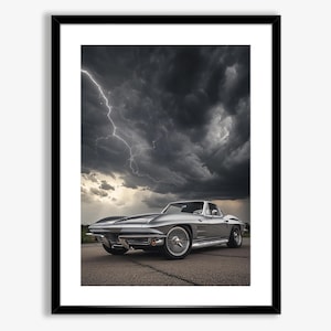 May include: A silver classic Corvette sports car parked on a paved road with a dramatic stormy sky with lightning in the background.