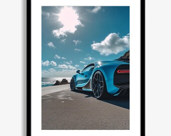 May include: A blue sports car parked on a paved road with a view of the sea and a bright blue sky with white clouds.