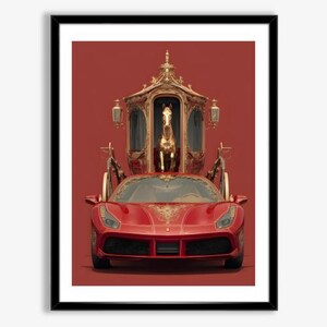 Op de afbeelding: Een ingelijste afbeelding met een rode sportwagen met gouden accenten, bekroond door een gouden koets en een gouden paardenstandbeeld. De achtergrond is effen rood, wat een opvallend contrast creëert.