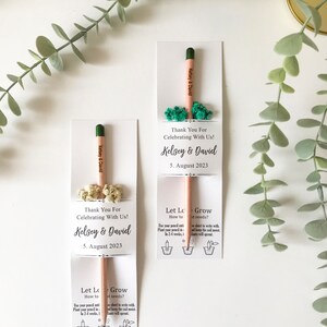 There are colorful flowers and a pencil with seeds on the card.