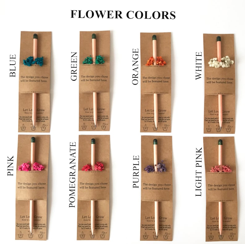 There are colorful flowers and a pencil with seeds on the card.
