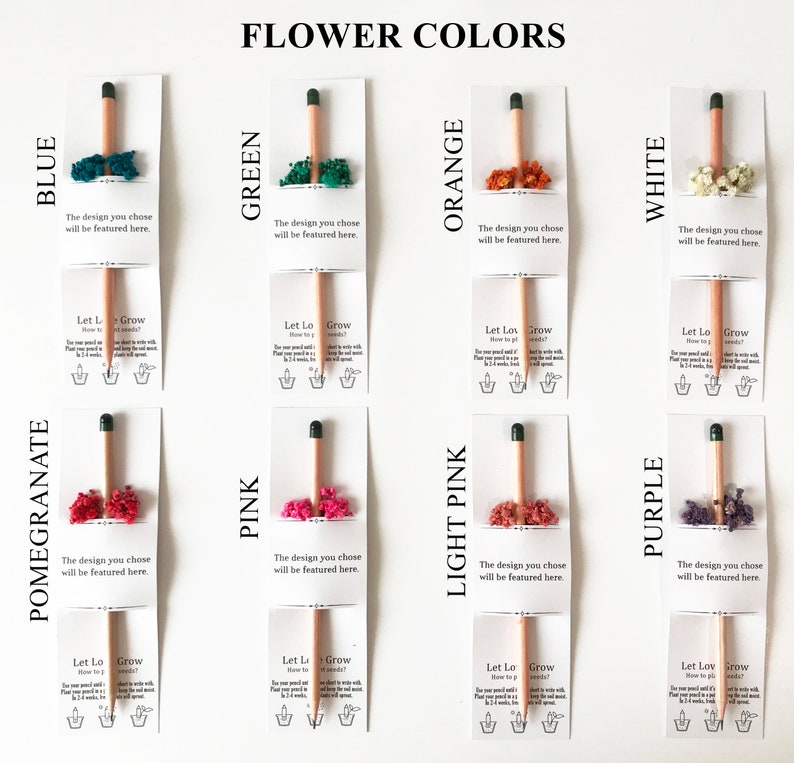 There are colorful flowers and a pencil with seeds on the card.