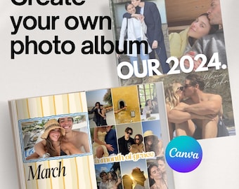Può includere: Un album fotografico con il testo "Crea il tuo album fotografico" e "NOSTRO 2024." L'album presenta foto di coppie e la parola "Marzo." Il logo Canva è visibile, insieme al testo "50+ pagine."