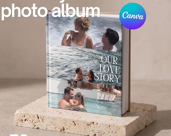 May include: A square photo album with a hard cover featuring a collage of three photographs of a couple in a swimming pool. The text "OUR LOVE STORY" is printed on the cover. The album is displayed on a textured stone block with 70+ pages.
