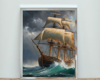 Vintage Ship Ocean Painting | Nautical Seascape Wall Art Decor | PRINTABLE WALL ART | Boys Room Wall Decor | Antique Seascape Wall Art