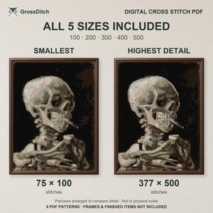May include: A digital cross stitch PDF pattern featuring a skull smoking a cigarette. The image displays two framed previews labeled SMALLEST and HIGHEST DETAIL, with text indicating ALL 5 SIZES INCLUDED and stitch counts of 75x100 and 377x500.