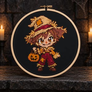 Può includere: Un telaio da ricamo circolare in legno contenente un motivo a punto croce di uno spaventapasseri pixelato. Il personaggio indossa un cappello beige, una camicia marrone e una salopette rosso scuro, tenendo un secchiello a zucca arancione.